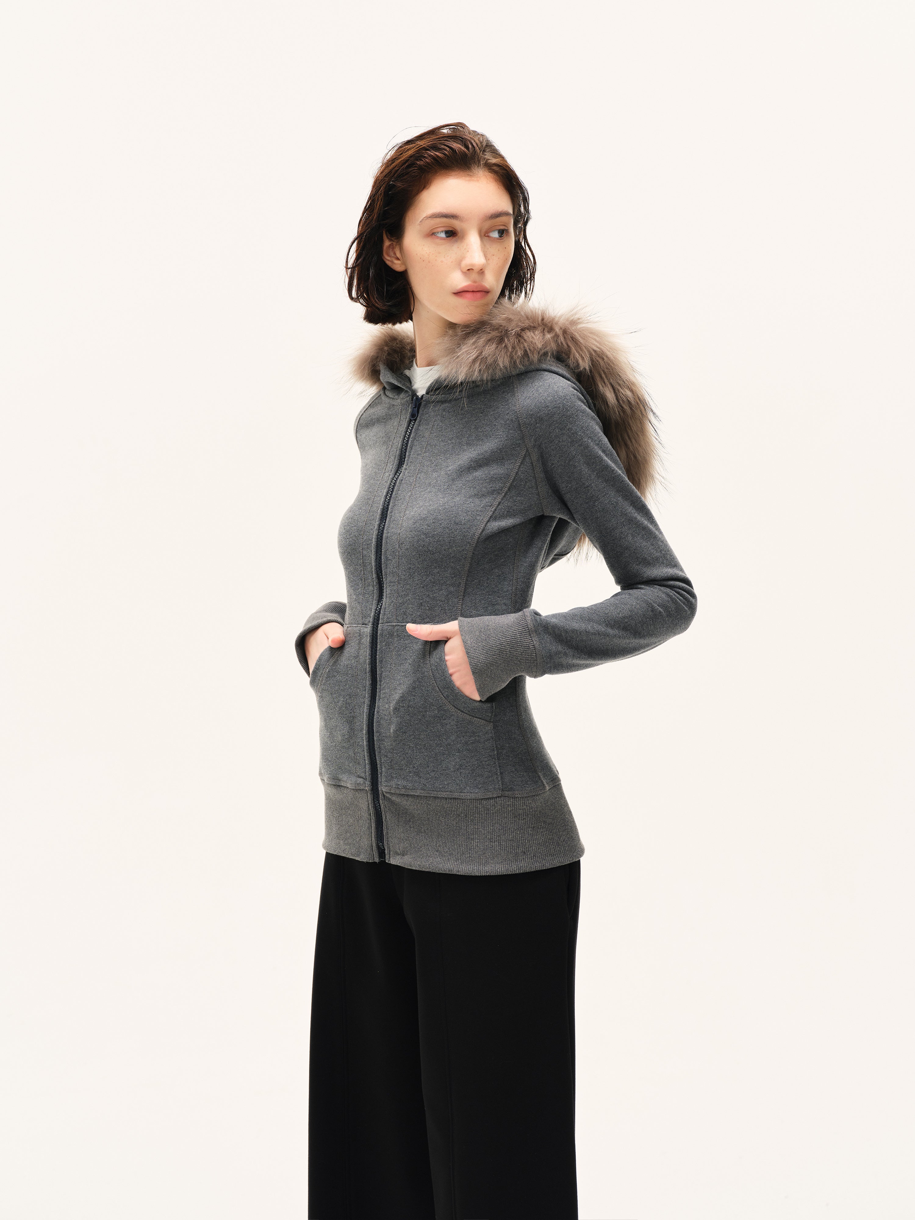 Faux-Fur Trim Fitted Zip Hoodie