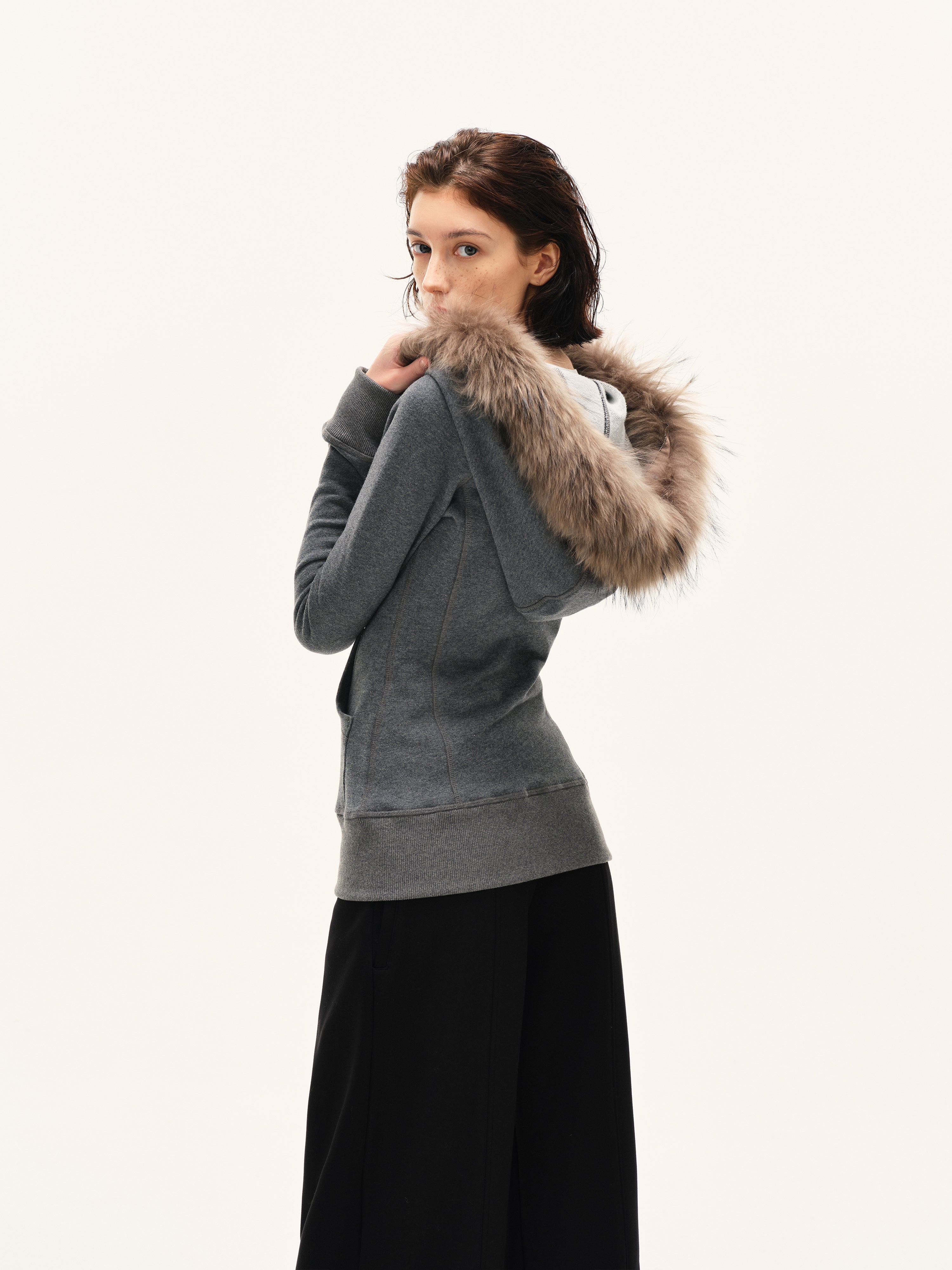 Faux-Fur Trim Fitted Zip Hoodie