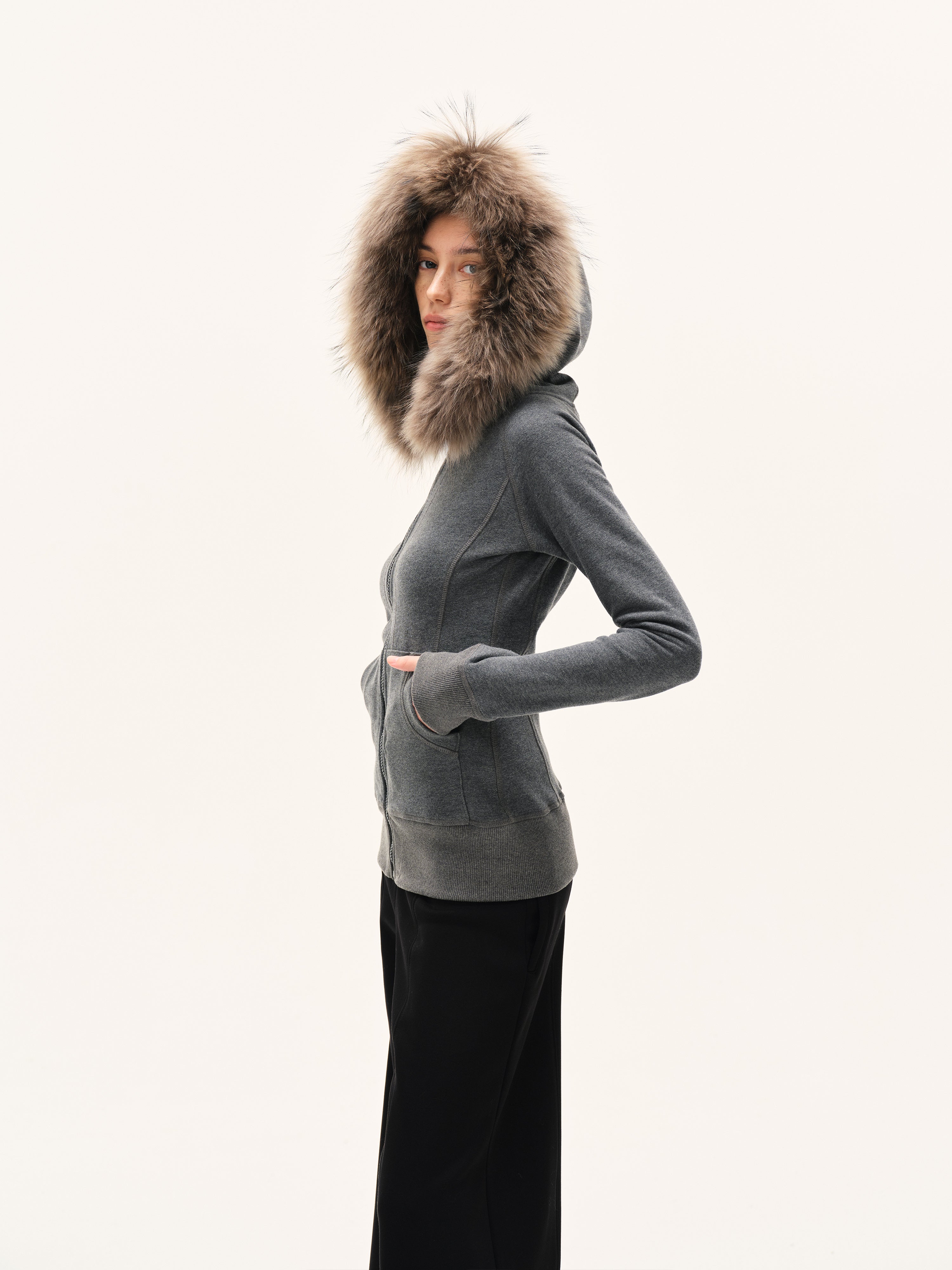 Faux-Fur Trim Fitted Zip Hoodie