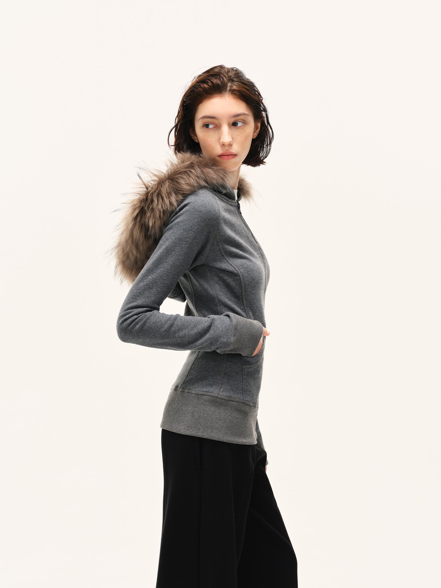 Faux-Fur Trim Fitted Zip Hoodie