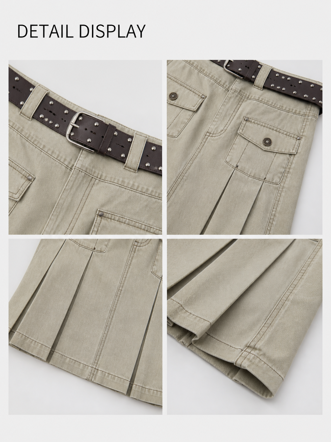 BapHood khaki grey pleated skirt with close front pocket detail, belt styling, and visible stitching.