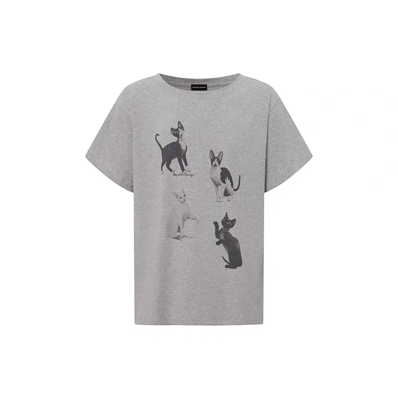 Flat lay product image of grey oversized kitty graphic tee dress