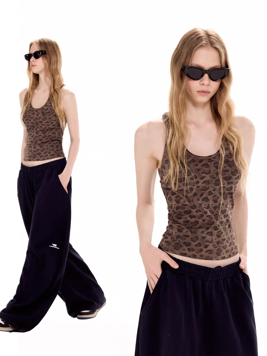 Model wearing leopard print fitted tank top, full-body and front close-up views