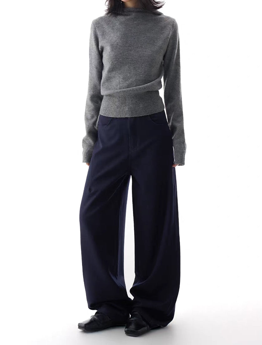 Full body look with navy wide-leg trousers, relaxed drape fit