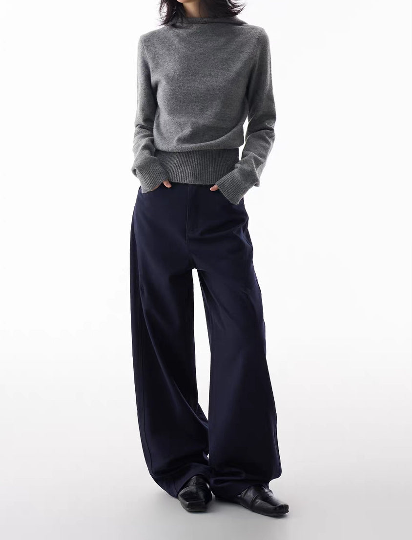 Full body look with navy wide-leg trousers, relaxed drape fit