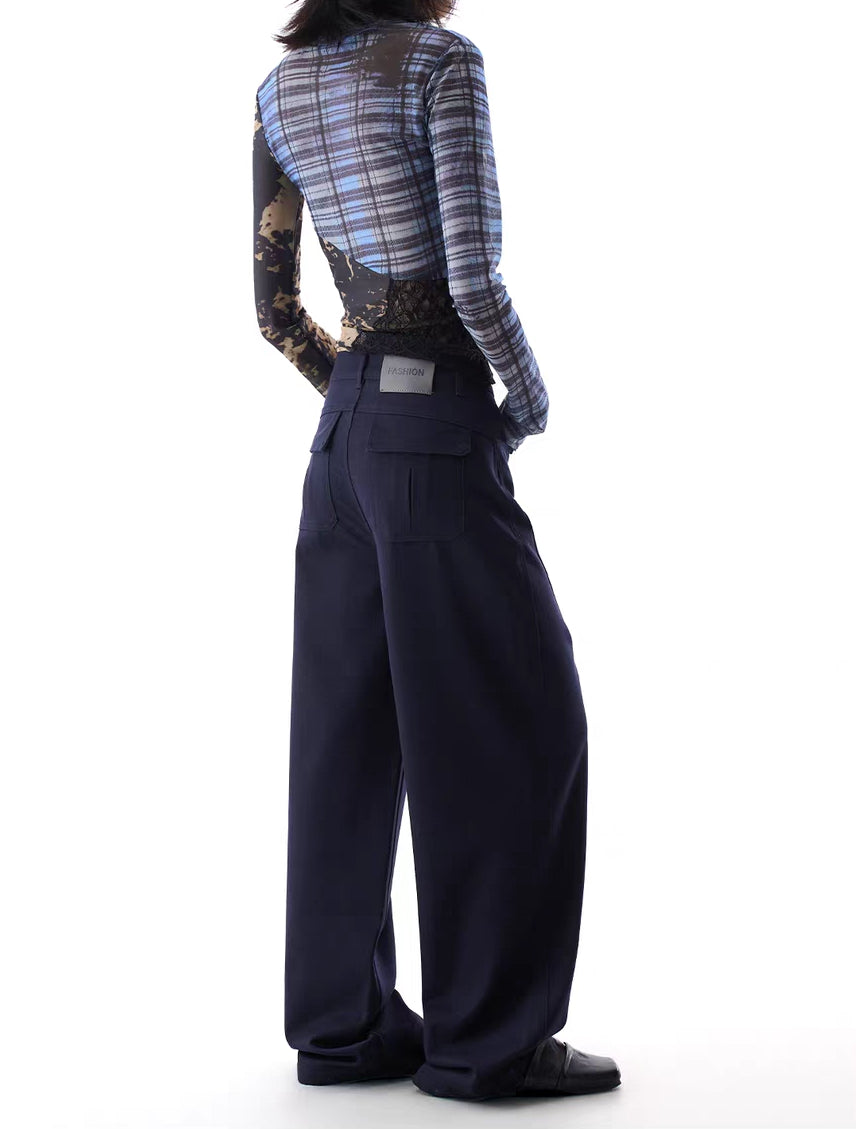 Full body look with navy wide-leg trousers, relaxed drape fit