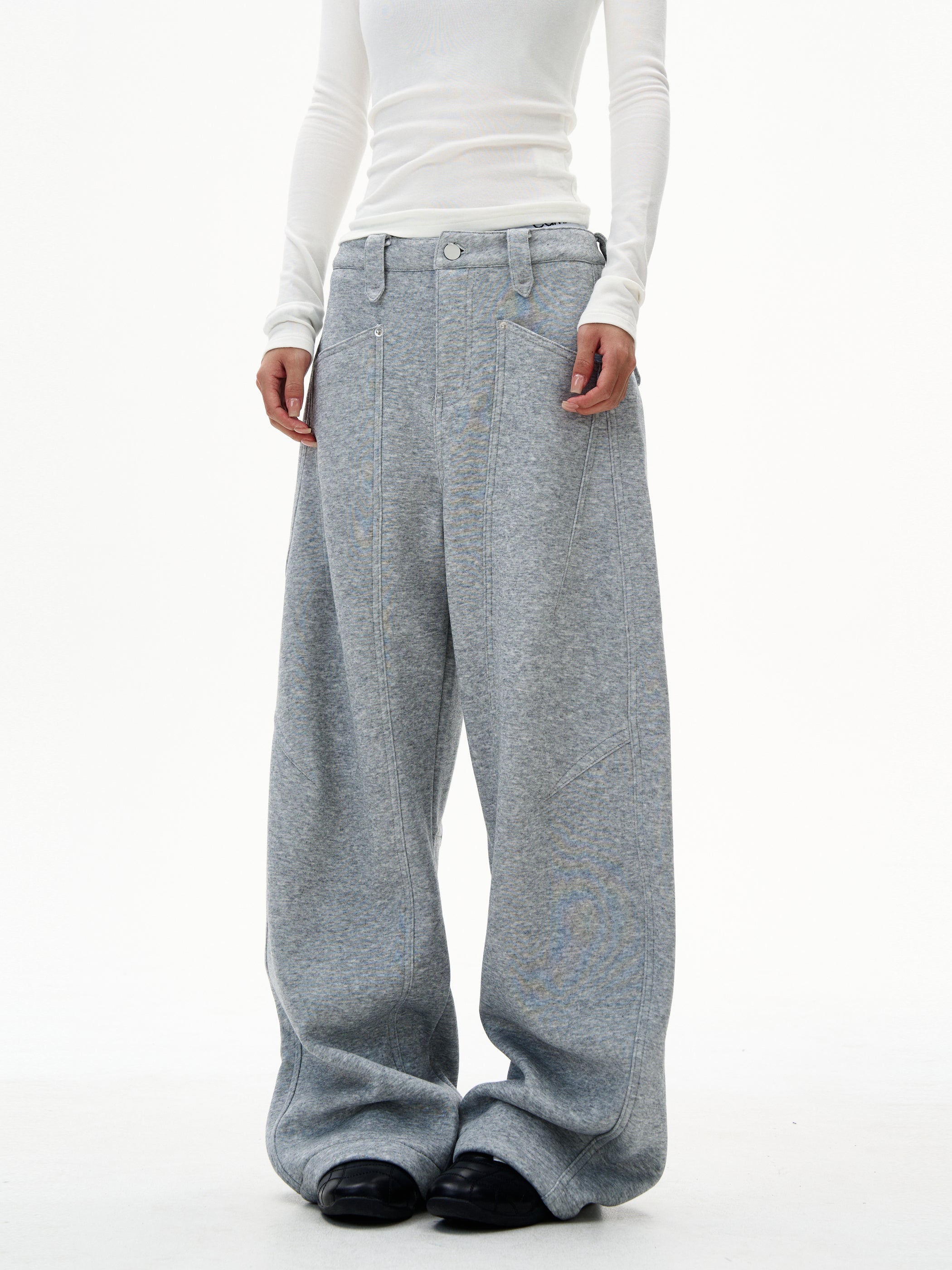 Front view of heather grey wide-leg sweatpants with relaxed drape