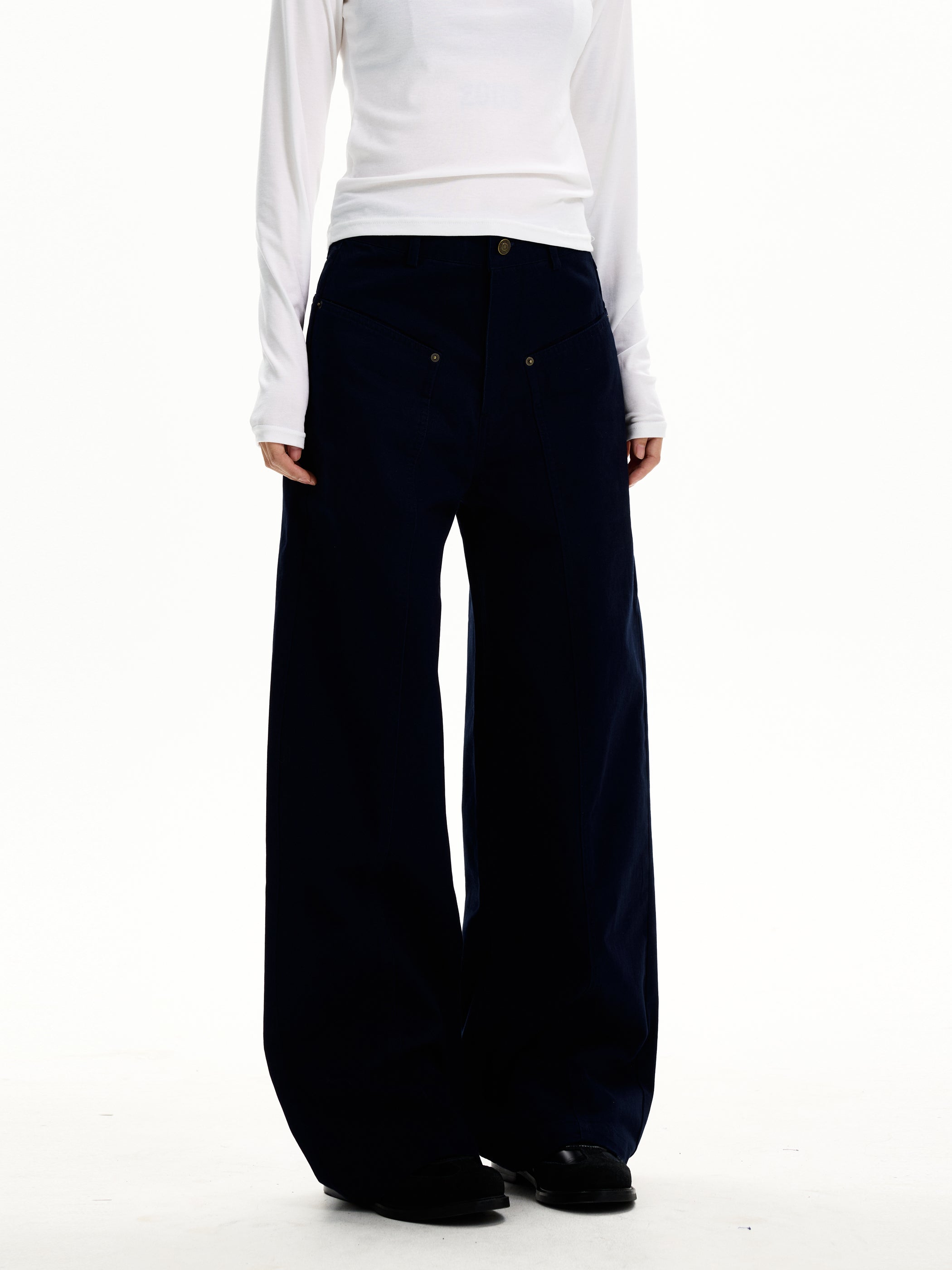 Front view of ink navy utility wide-leg trousers with relaxed wide legs