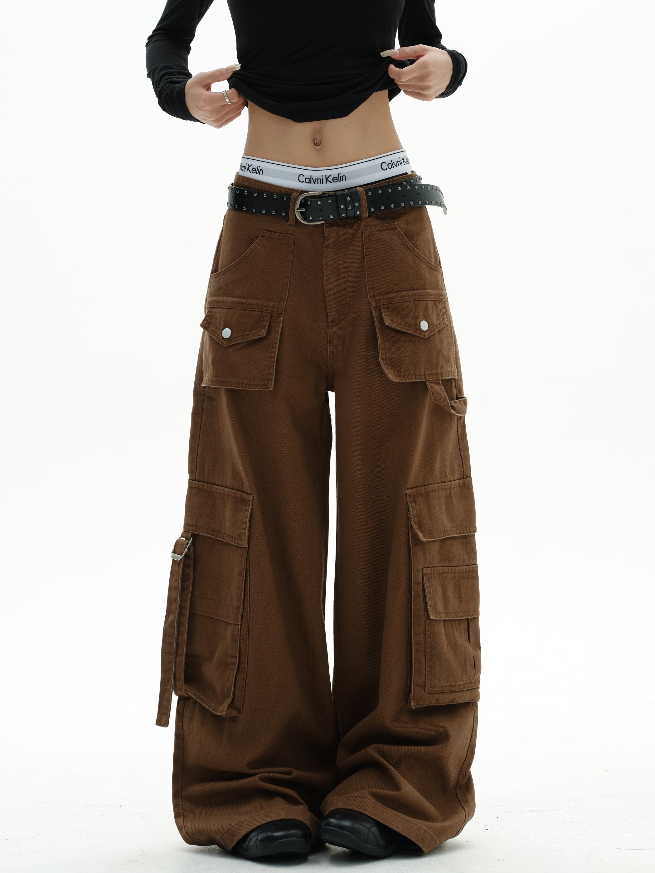 Front view of mocha brown ultra wide-leg cargo trousers with flap pockets