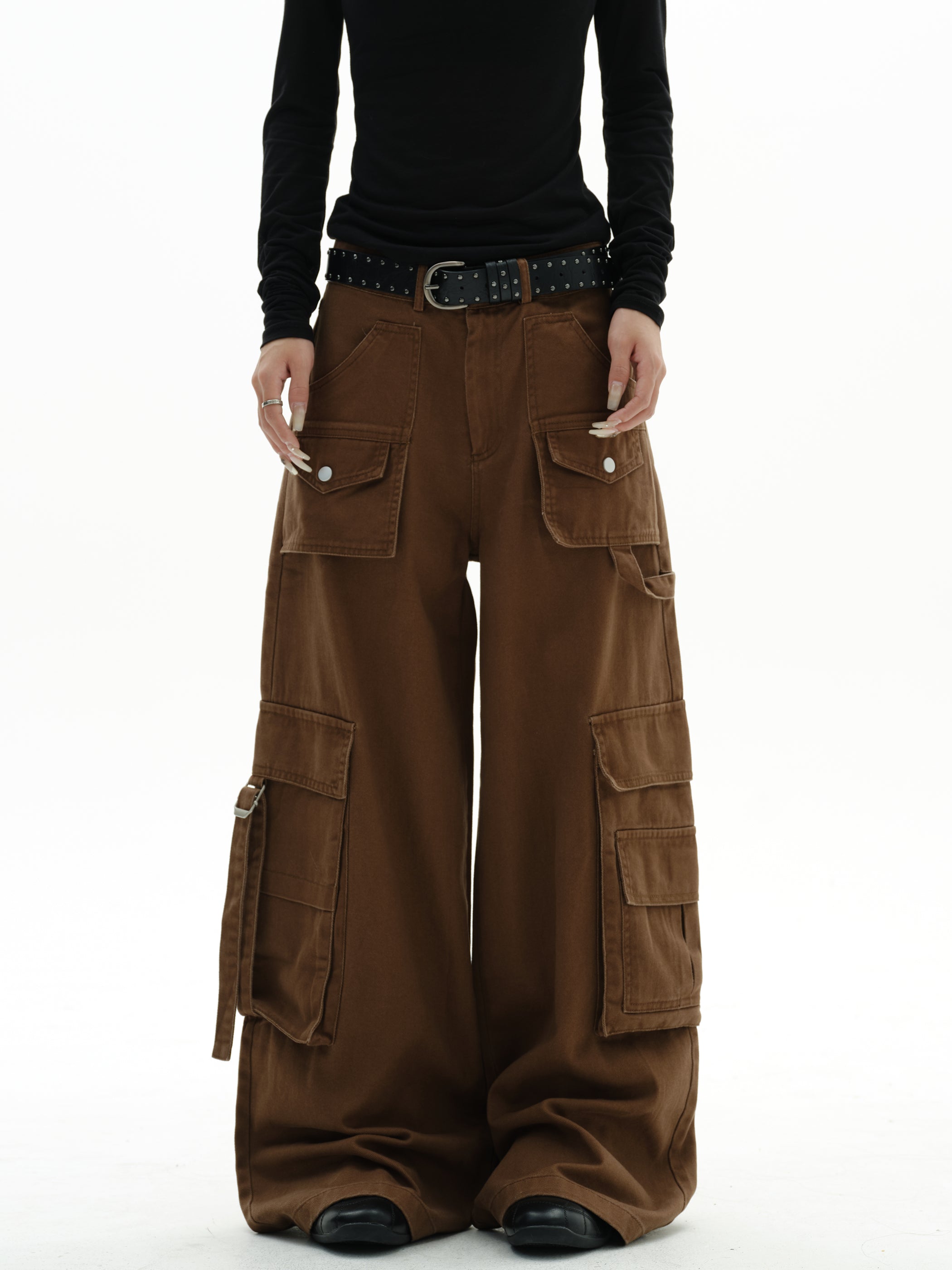 Mocha wide-leg cargo pants styled with black top and studded belt