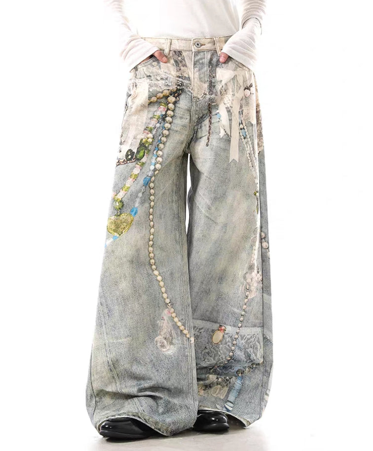 Pearl Chain Trompe L’Oeil Wide-Leg Jeans
