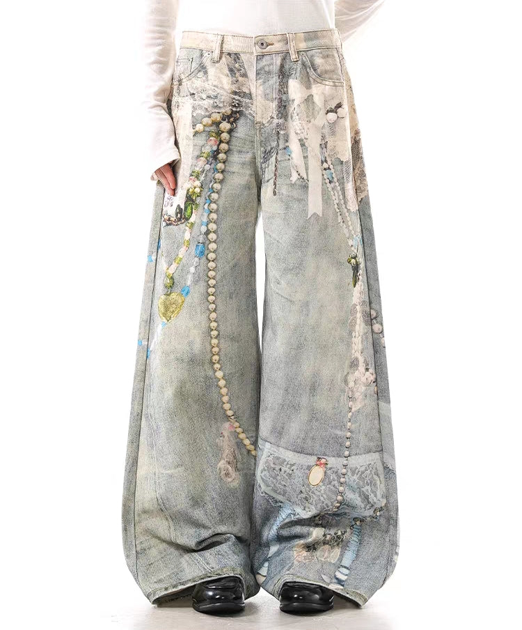 Pearl Chain Trompe L’Oeil Wide-Leg Jeans
