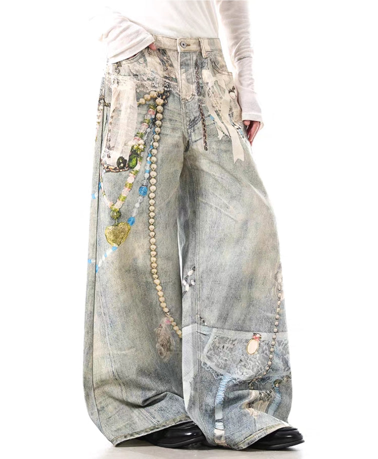 Pearl Chain Trompe L’Oeil Wide-Leg Jeans