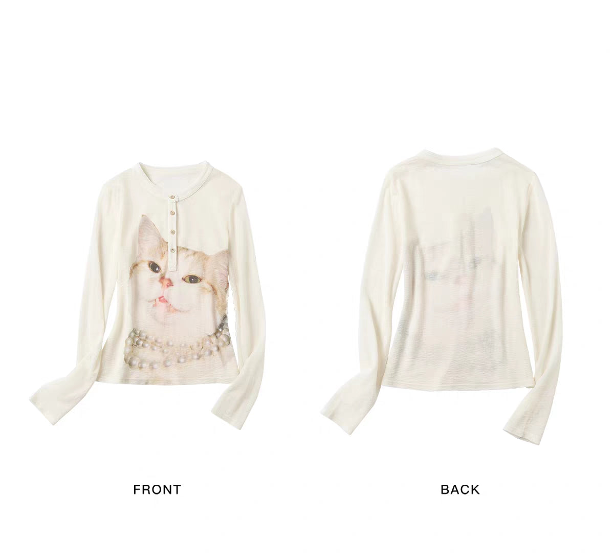 Flat lay front and back view of kitty print Henley long sleeve top