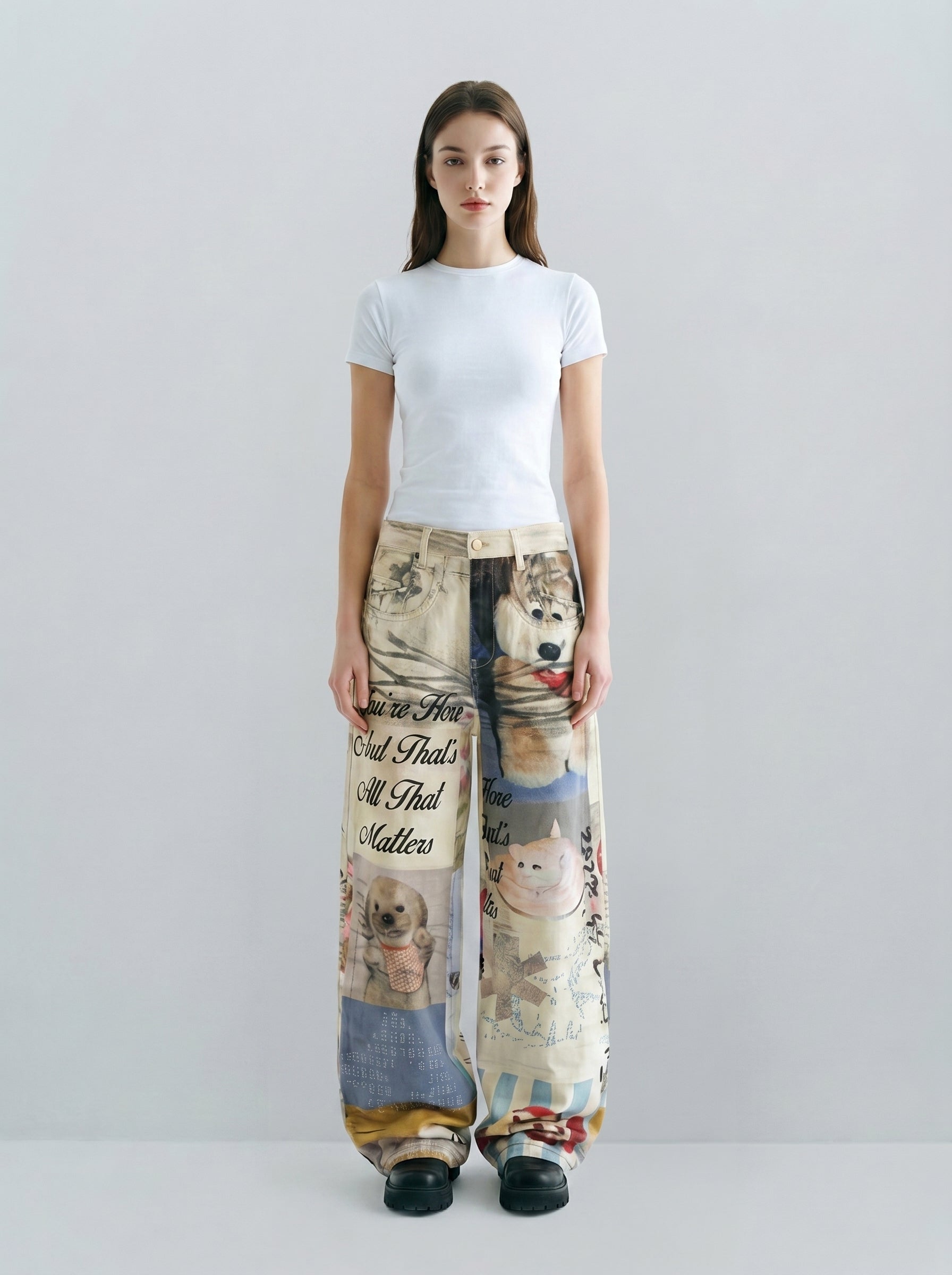 Printed baggy jeans with pet collage graphic, full-length front view