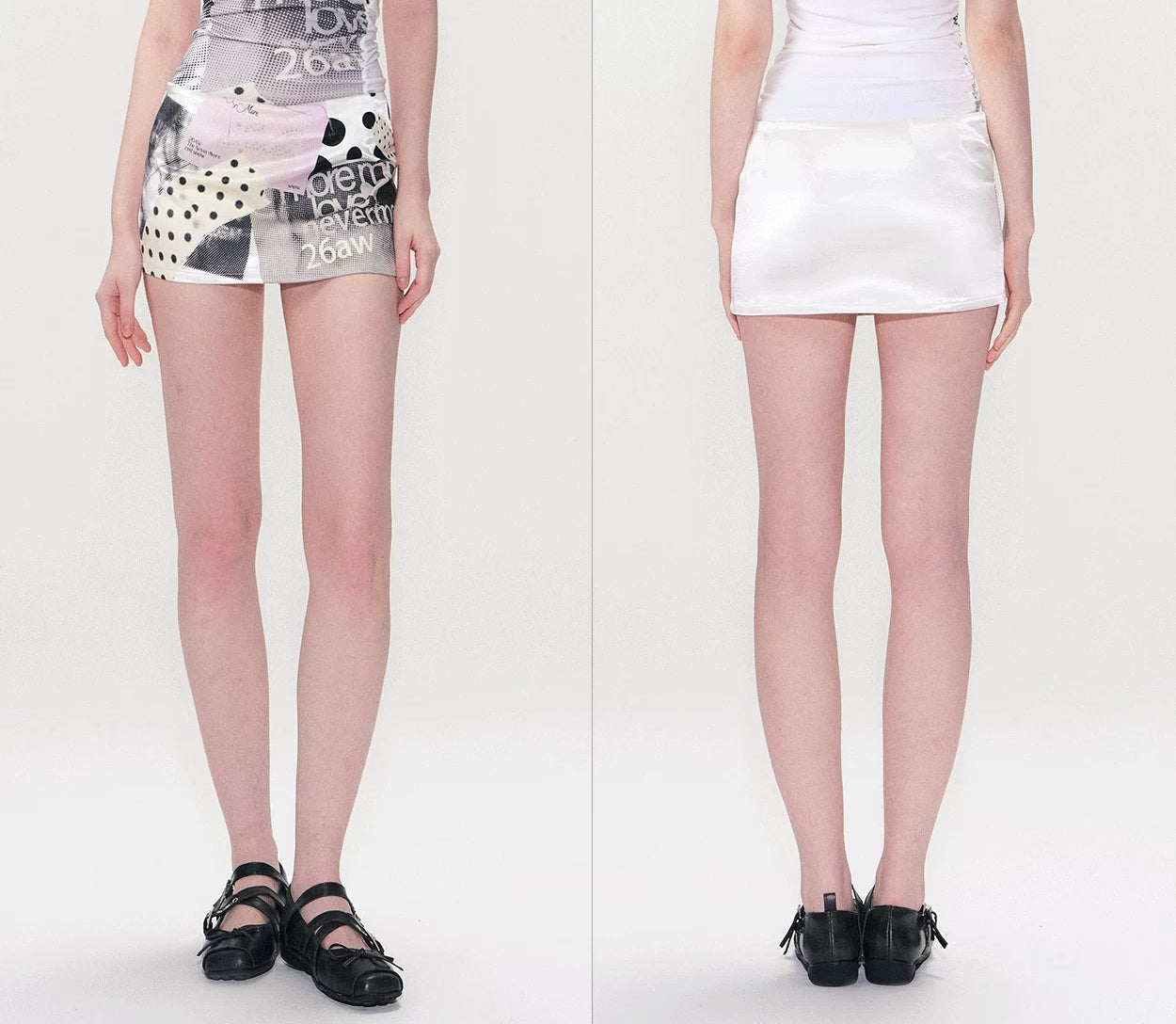 Side-by-side front and back view of polka collage mini skirt (front printed, back solid white)