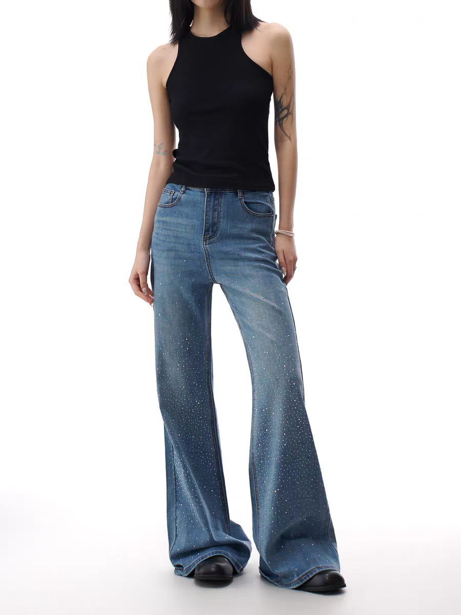Front view of rhinestone sparkle flare jeans