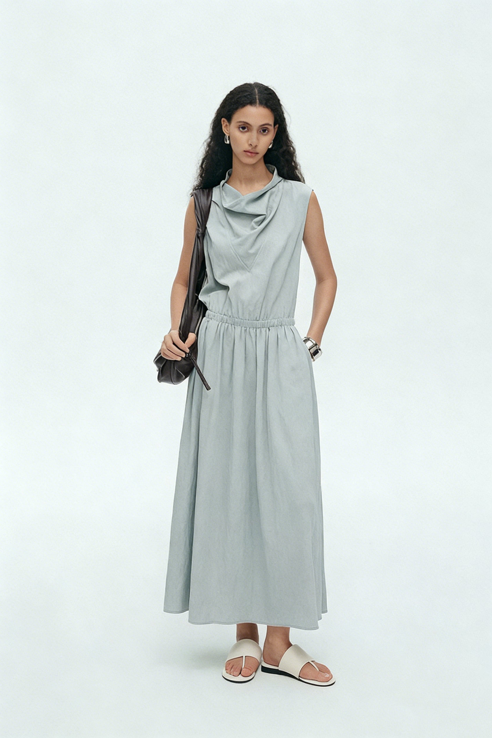 BapHood sage sleeveless cowl neck midi dress with relaxed waist and soft draped silhouette