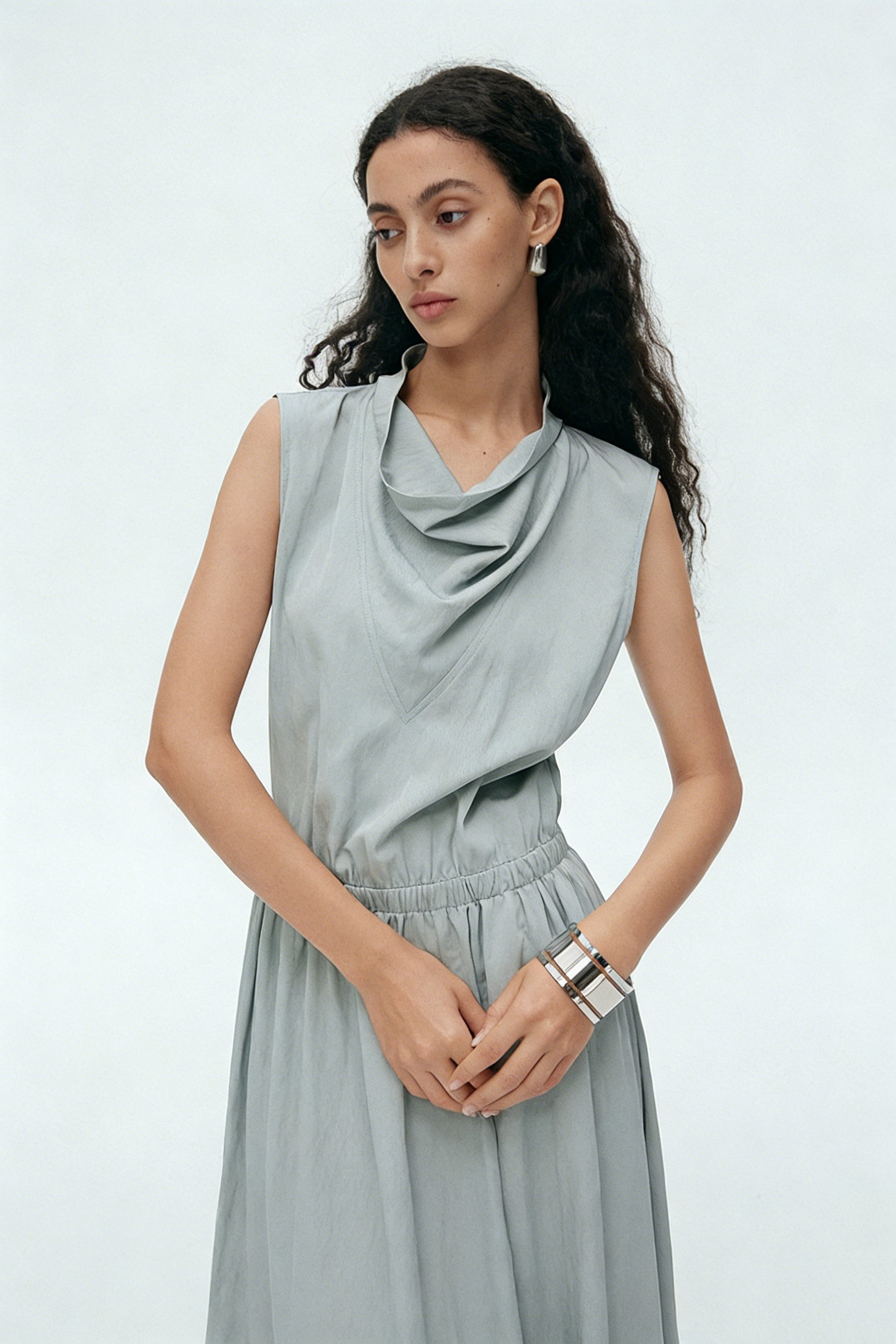 BapHood sage sleeveless cowl neck midi dress with relaxed A-line skirt and soft draped neckline