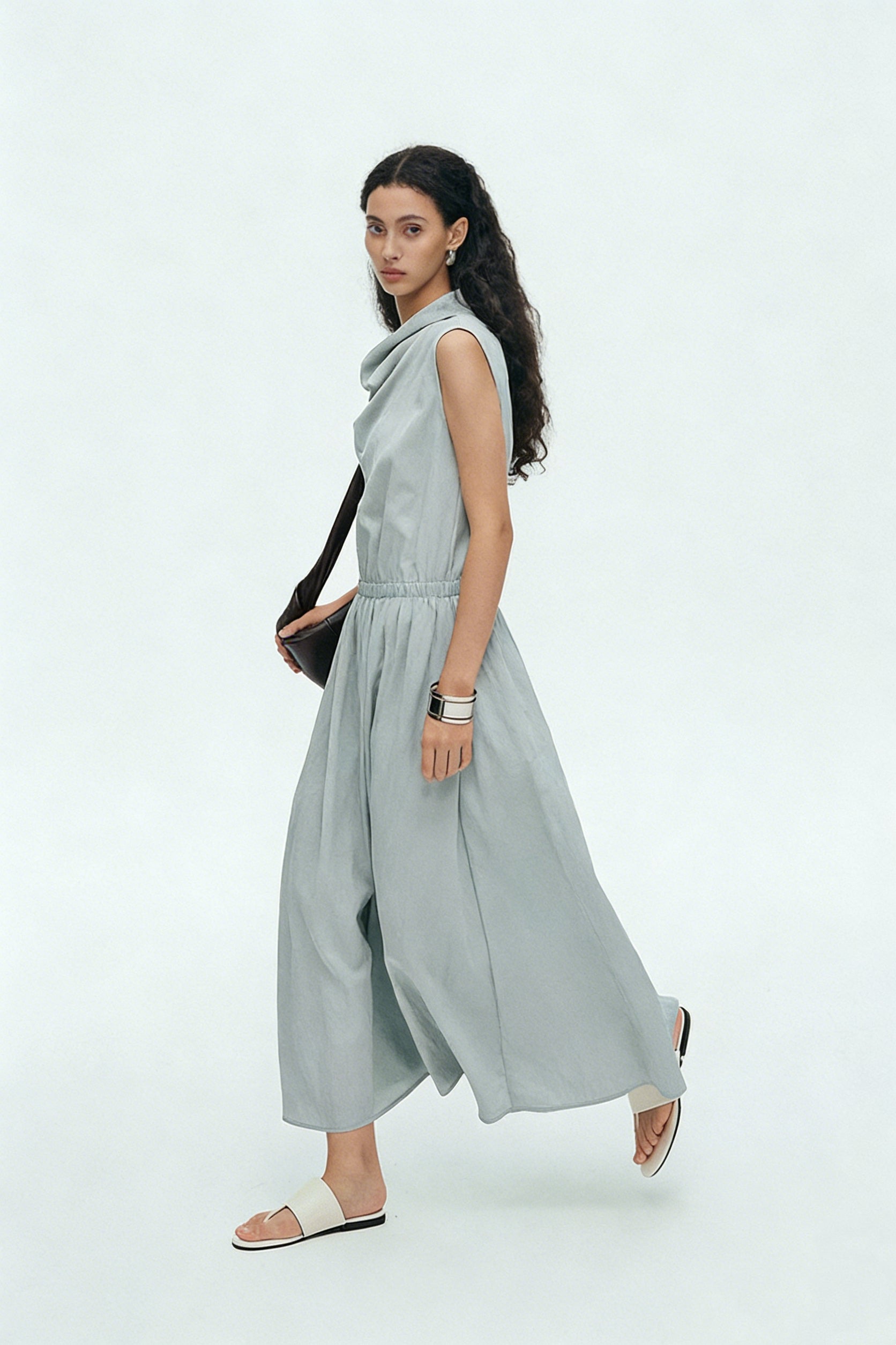 BapHood sage sleeveless midi dress with draped cowl neckline and flowing A-line movement