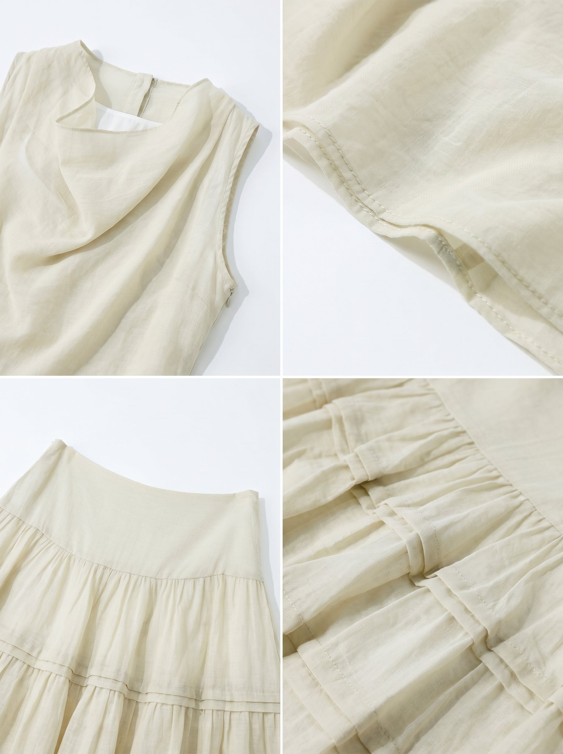 BapHood sand khaki skirt set with close fabric details, cowl neckline, and sheer ruffle texture.