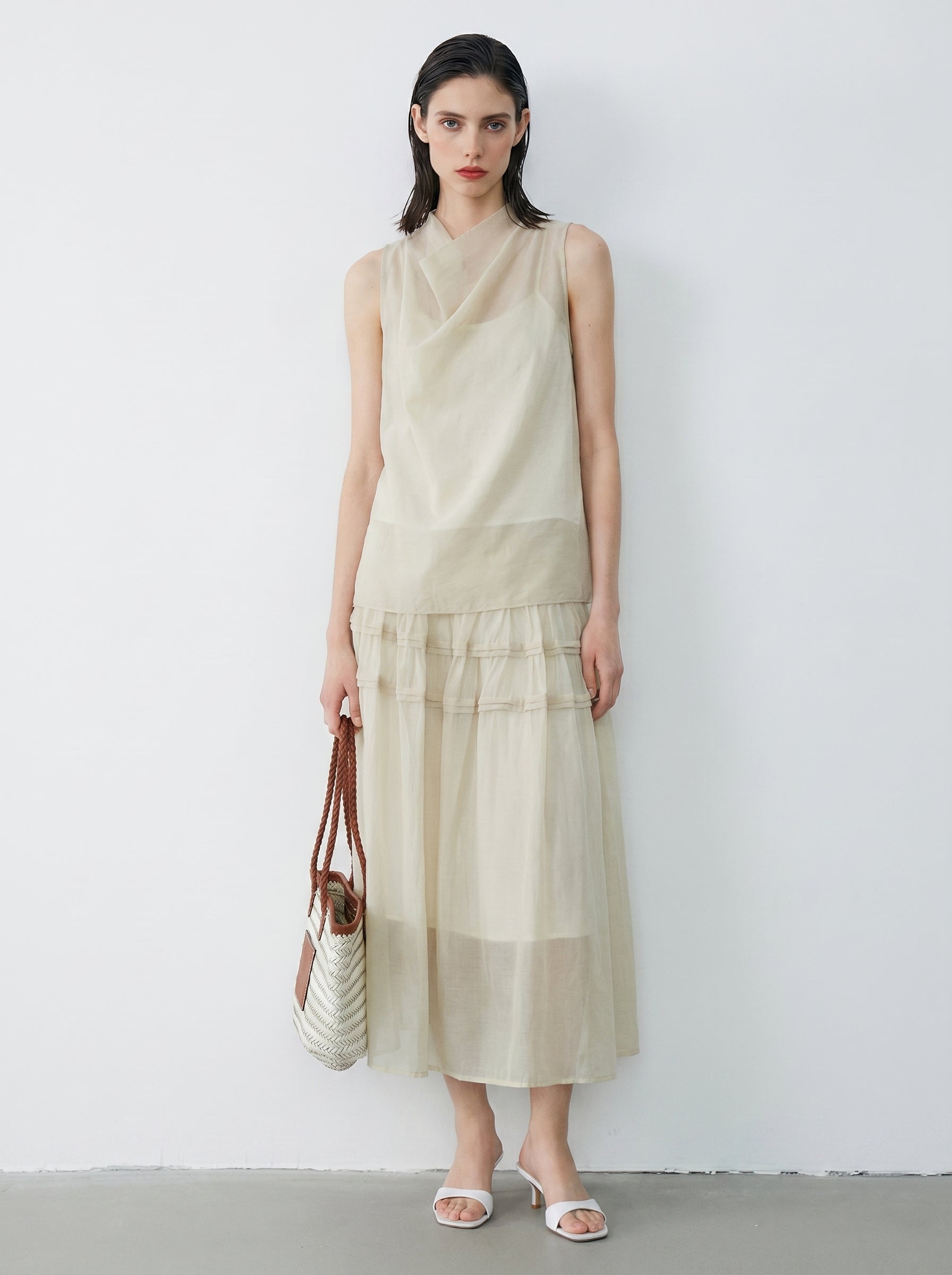 BapHood sand khaki cowl neck top and sheer ruffle skirt set with a soft full front silhouette.