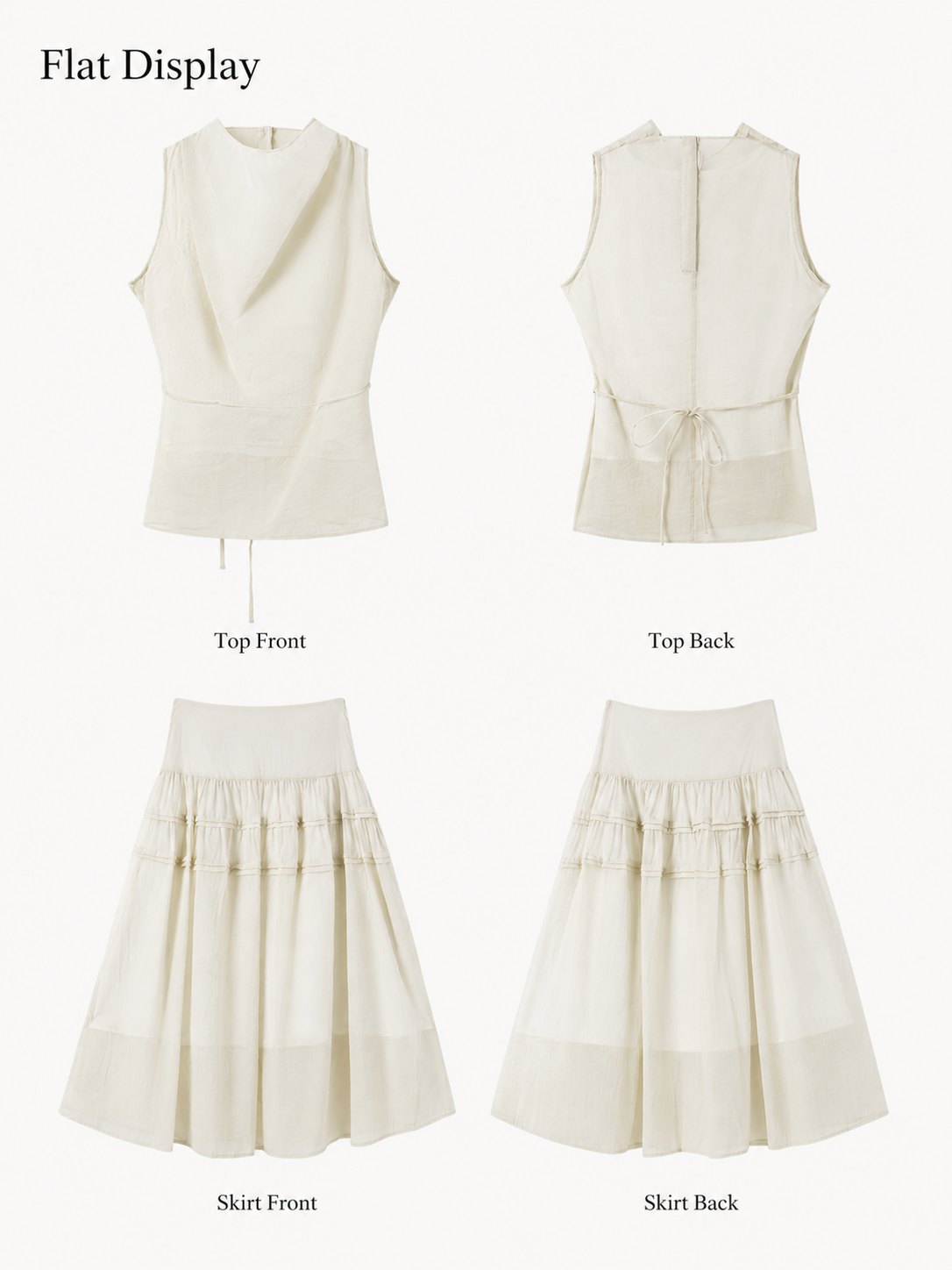 BapHood sand khaki cowl top and ruffle skirt set shown as separate matching pieces.