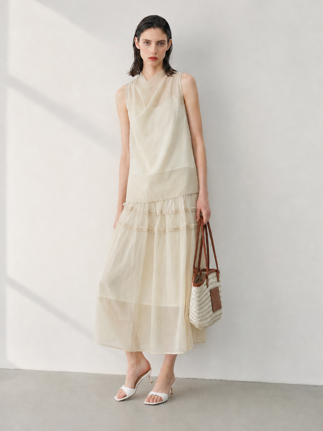 BapHood sand khaki cowl top and sheer ruffle skirt set with a relaxed full front drape.