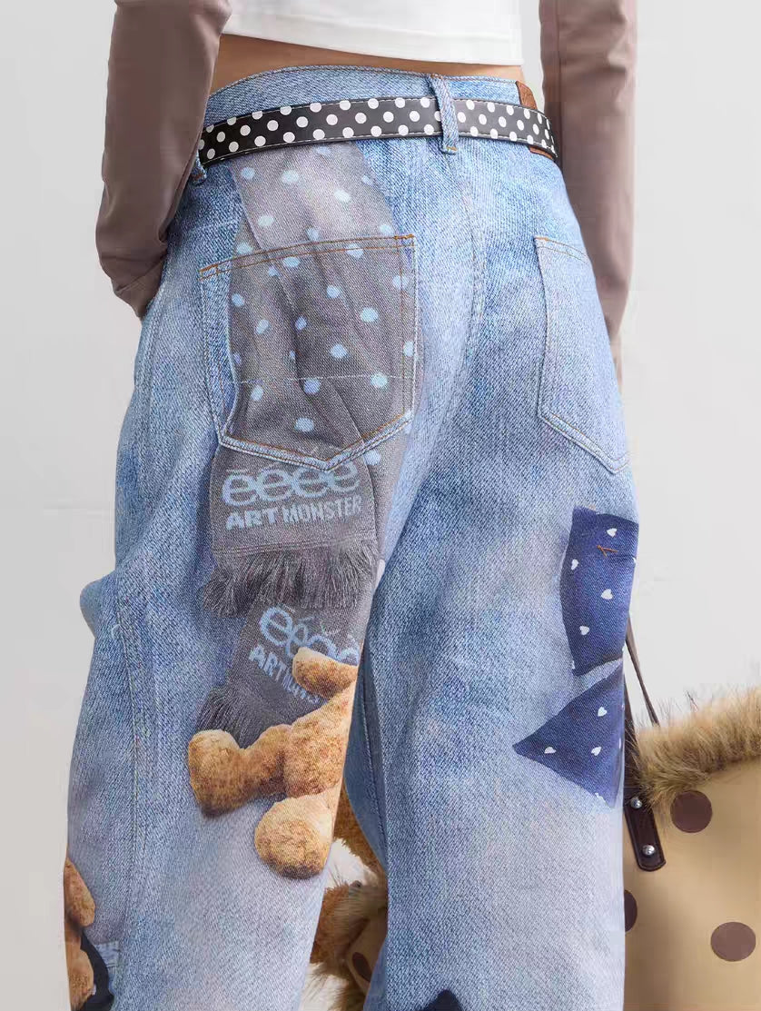 Back close-up of teddy print jeans showing pocket area and waistband detail