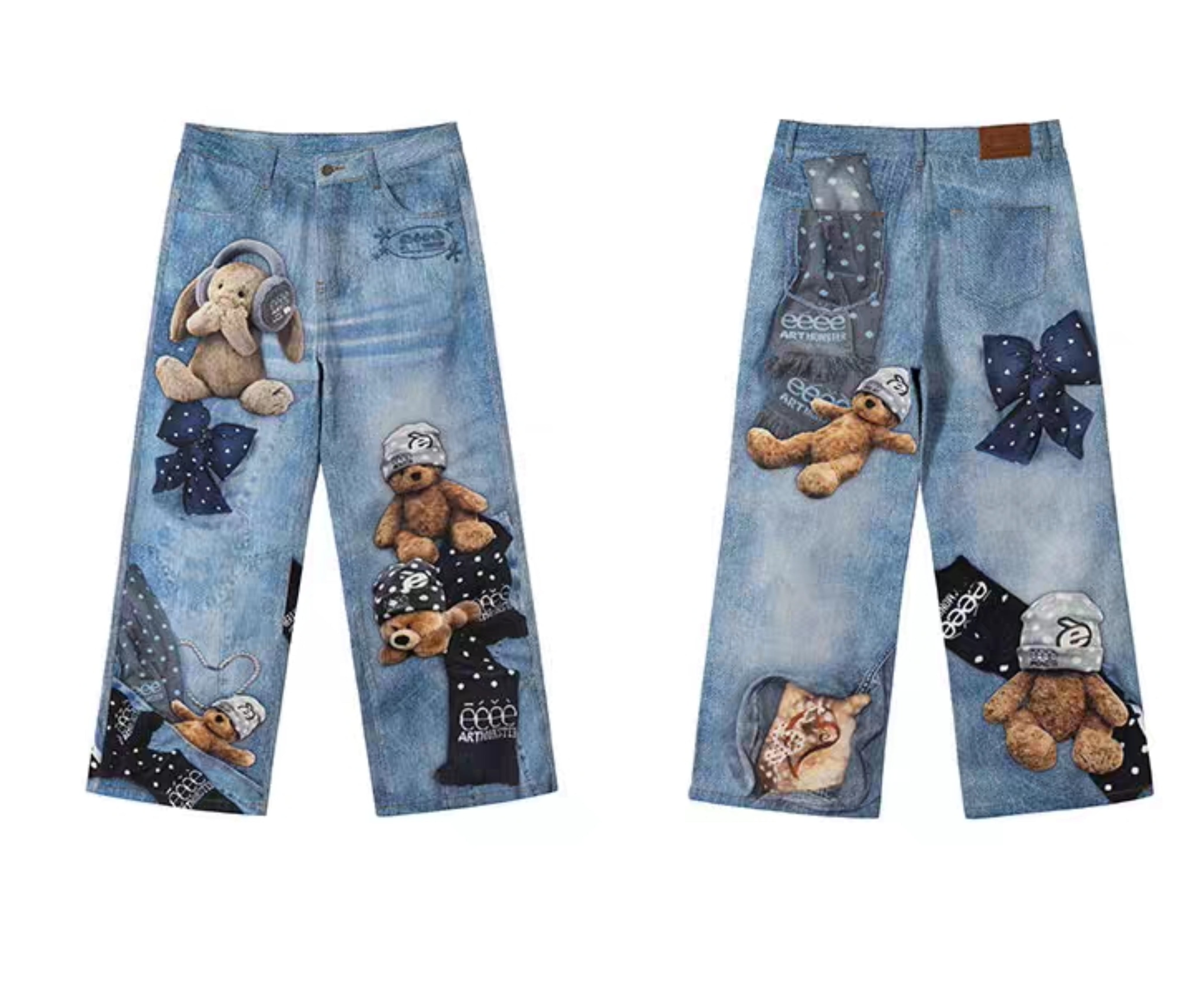 Front and back flat lay of teddy graphic wide-leg jeans on white background