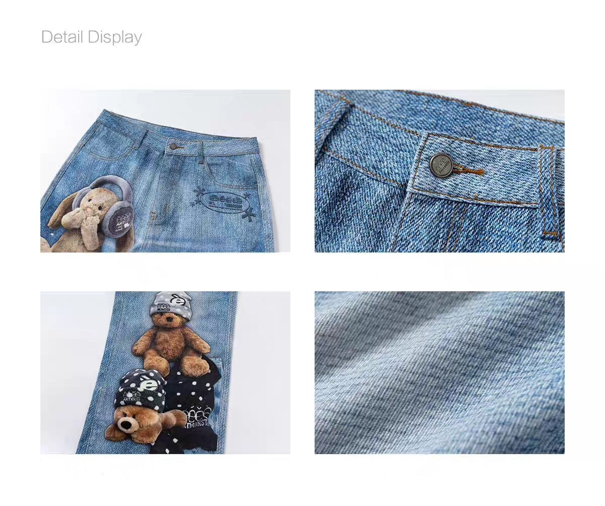 Detail collage showing waistband, button, print graphic, and denim texture