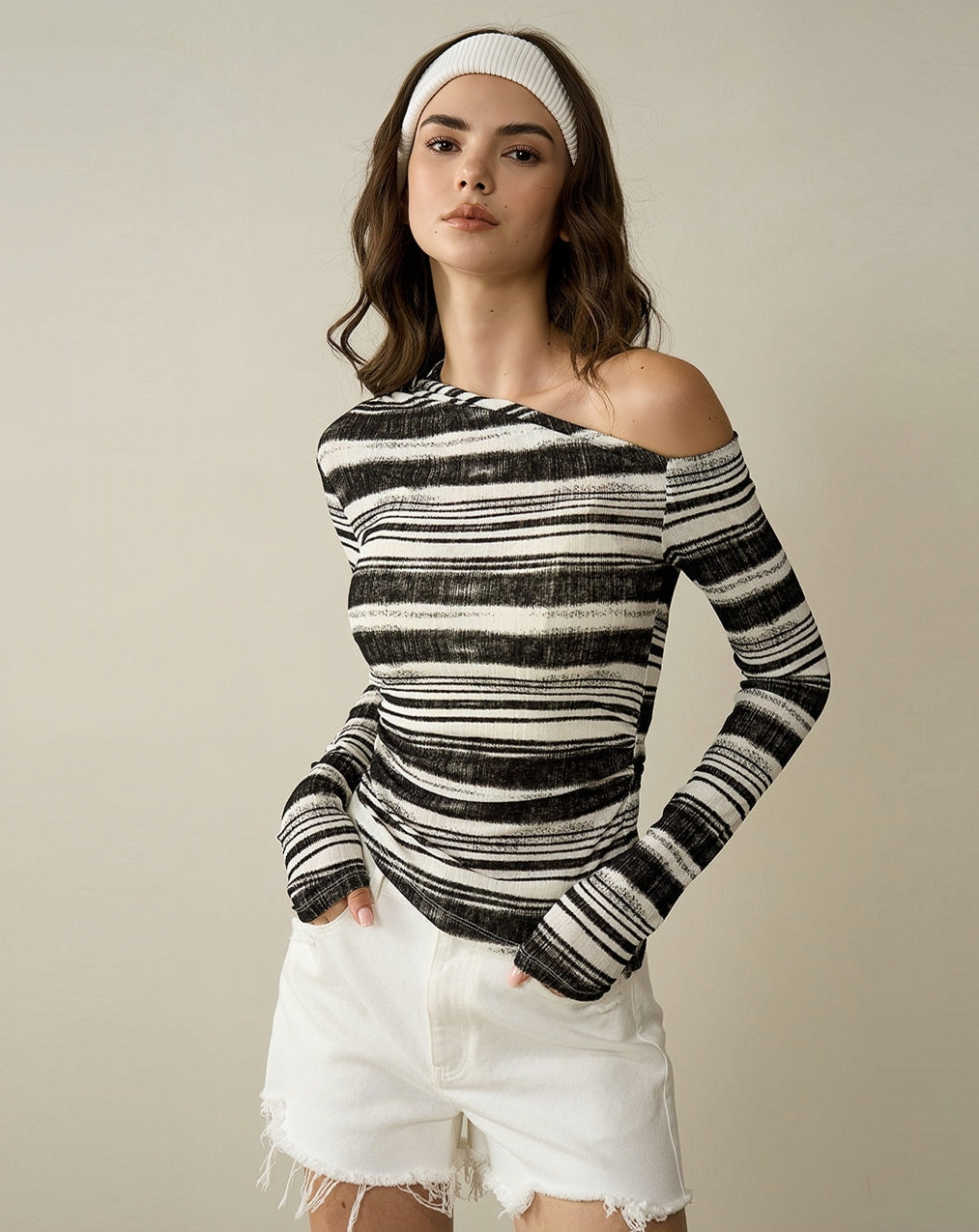 Asymmetric Striped One-Shoulder Knit Top