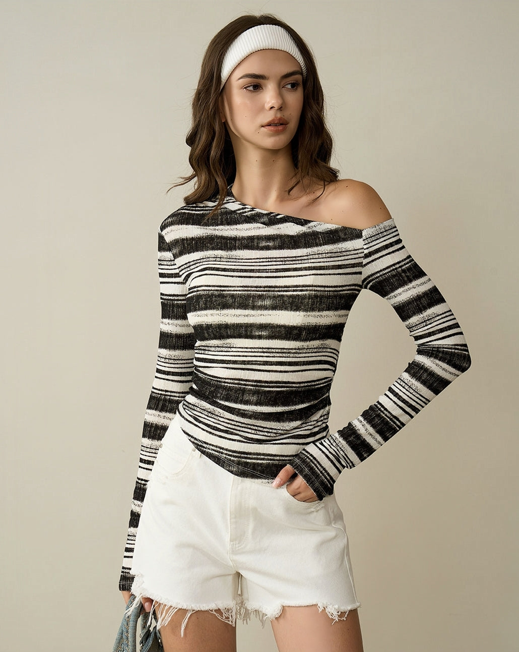 Asymmetric Striped One-Shoulder Knit Top