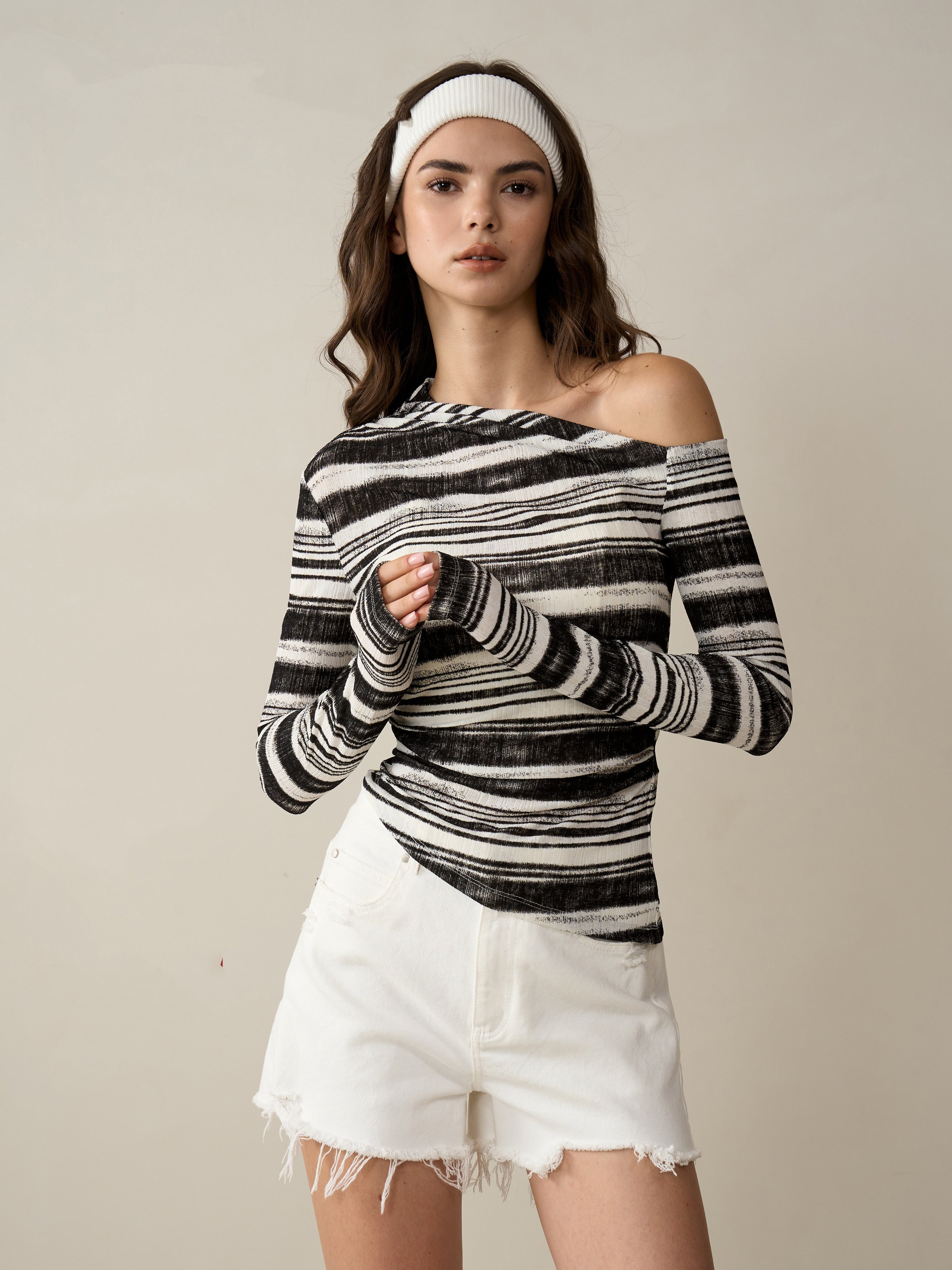 Asymmetric Striped One-Shoulder Knit Top