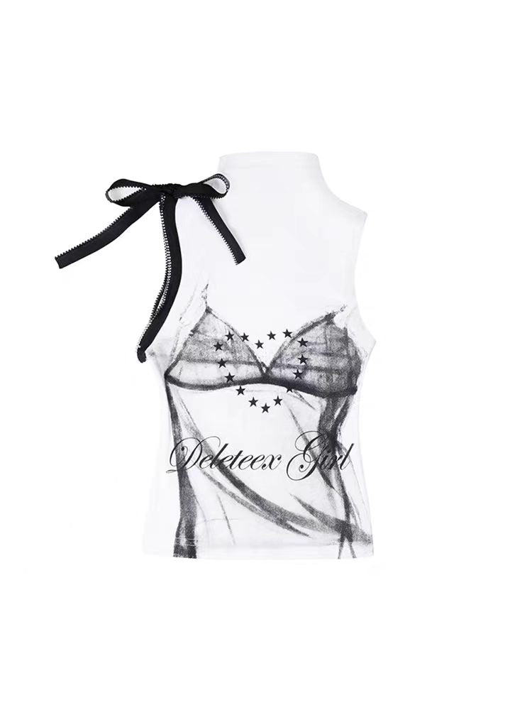 Flat lay product image of white mockneck trompe l’oeil lace cami print top