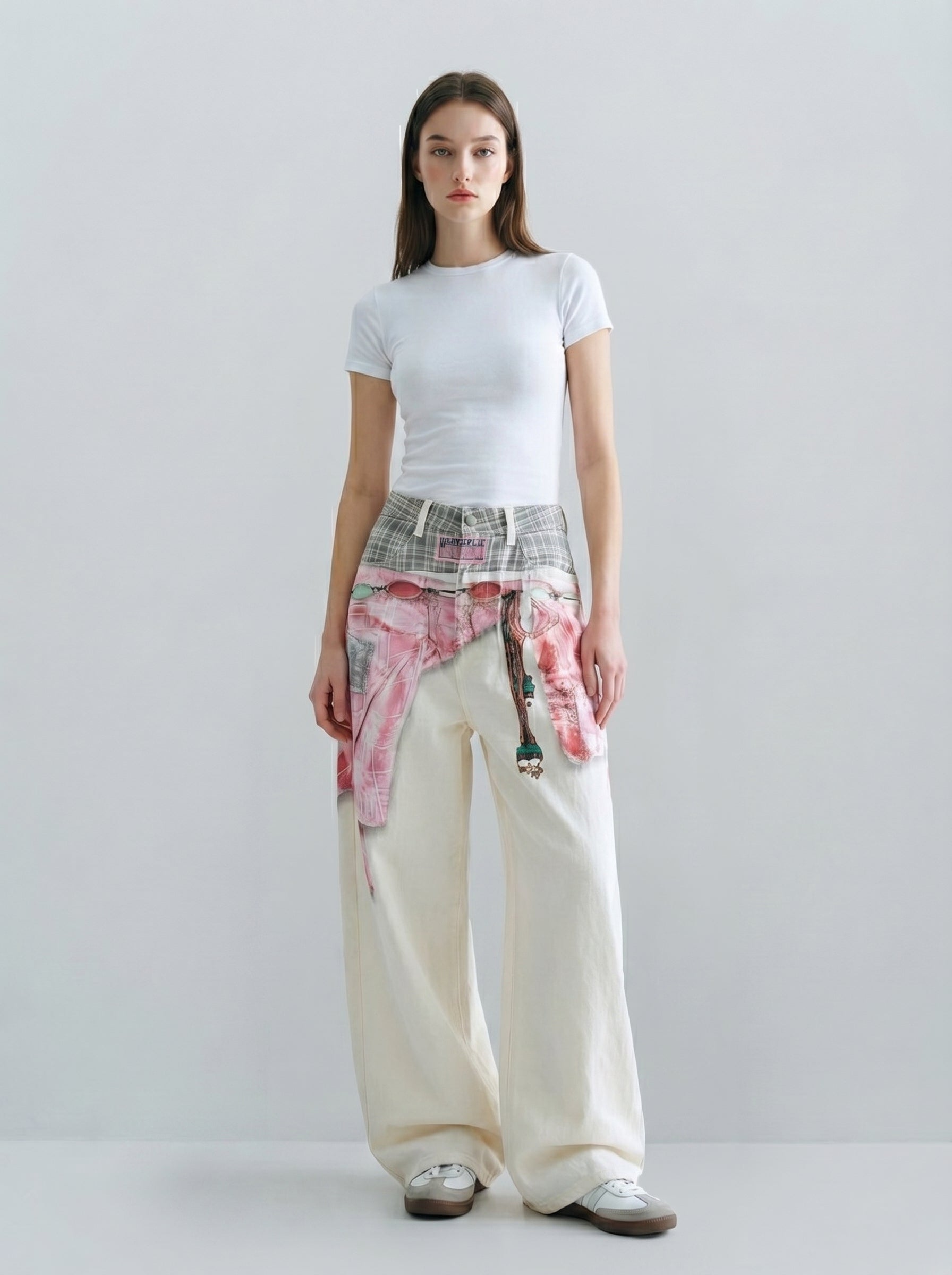 Trompe l'oeil shirt-tie wide-leg pants on model