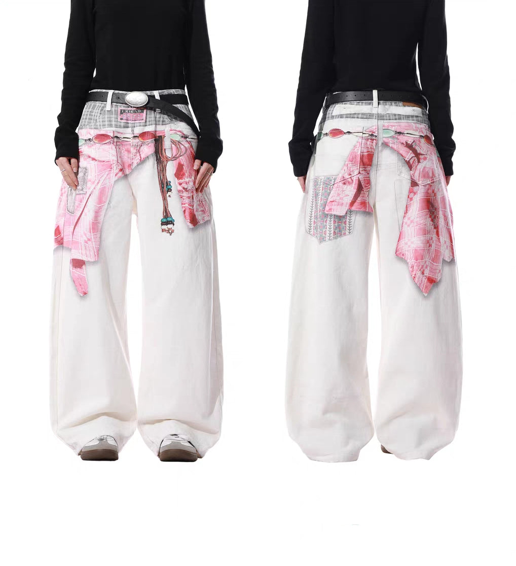 Side-by-side front and back view of trompe l’oeil shirt-tie wide-leg pants