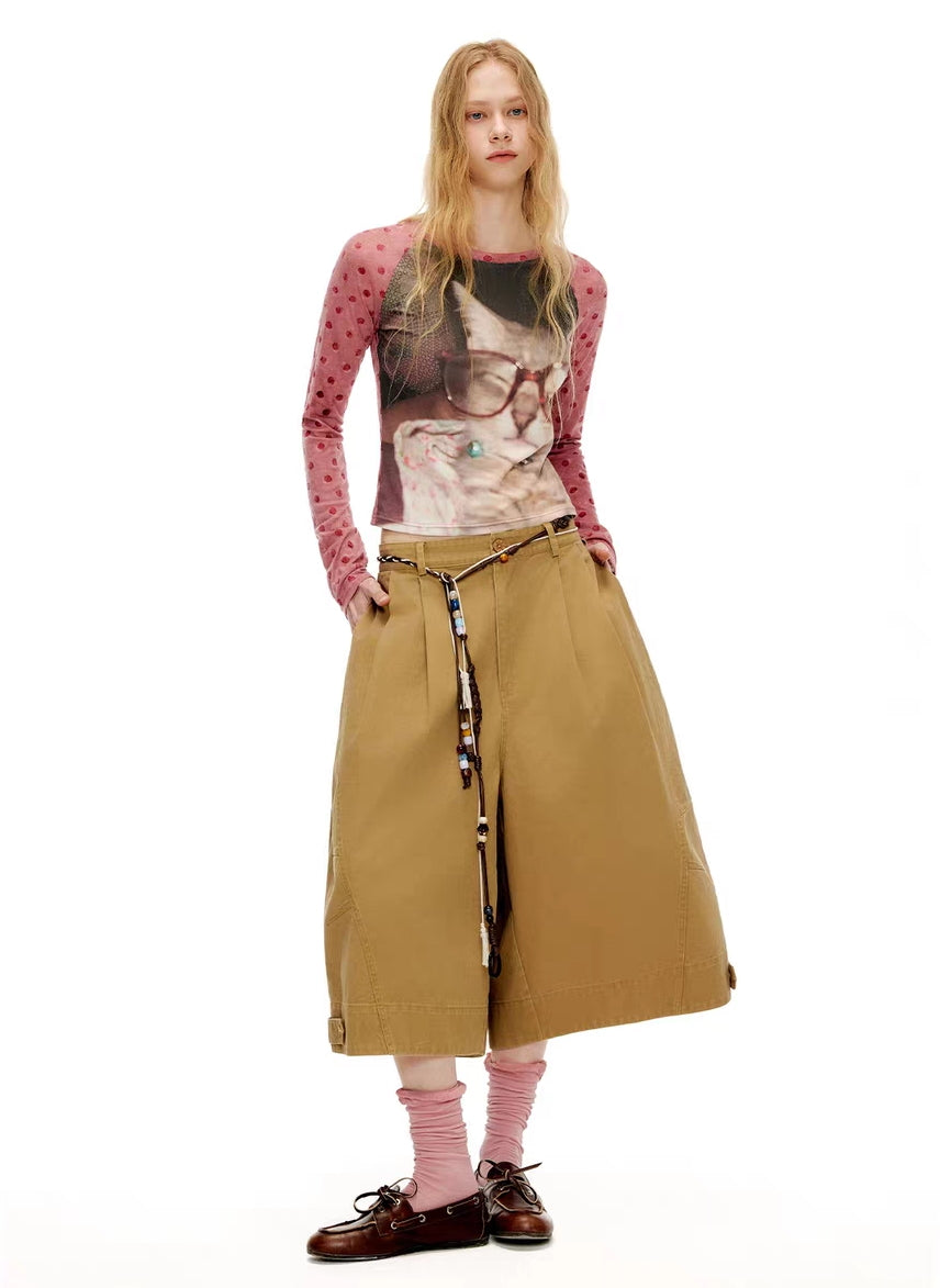 Khaki high-waist utility culottes shorts, full body front view