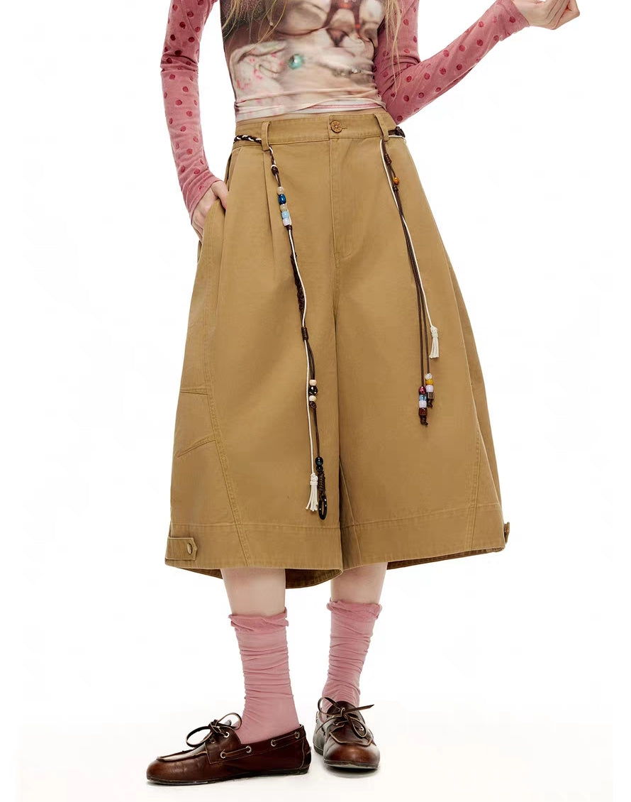 Khaki high-waist utility culottes shorts, front view