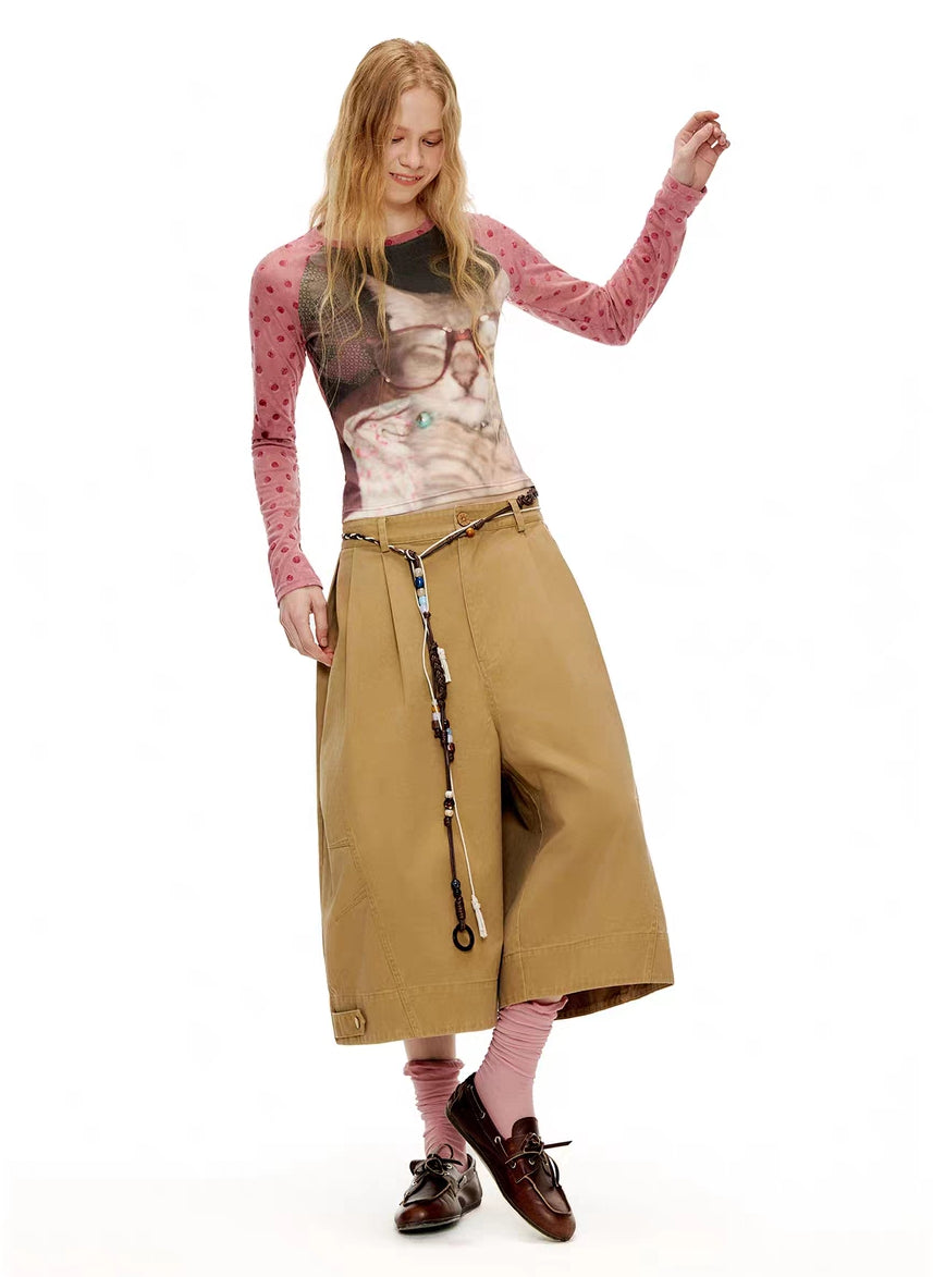 Khaki high-waist utility culottes shorts, full body front view