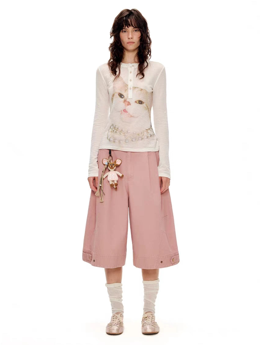 Dusty pink cotton wide-leg Bermuda culottes, front view