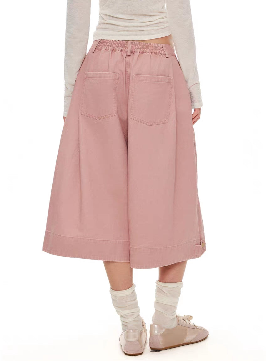 Dusty pink high-waist utility culottes shorts, full body back view