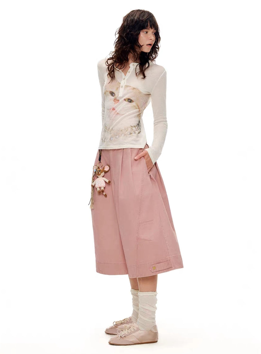 Dusty pink high-waist utility culottes shorts, full body side view