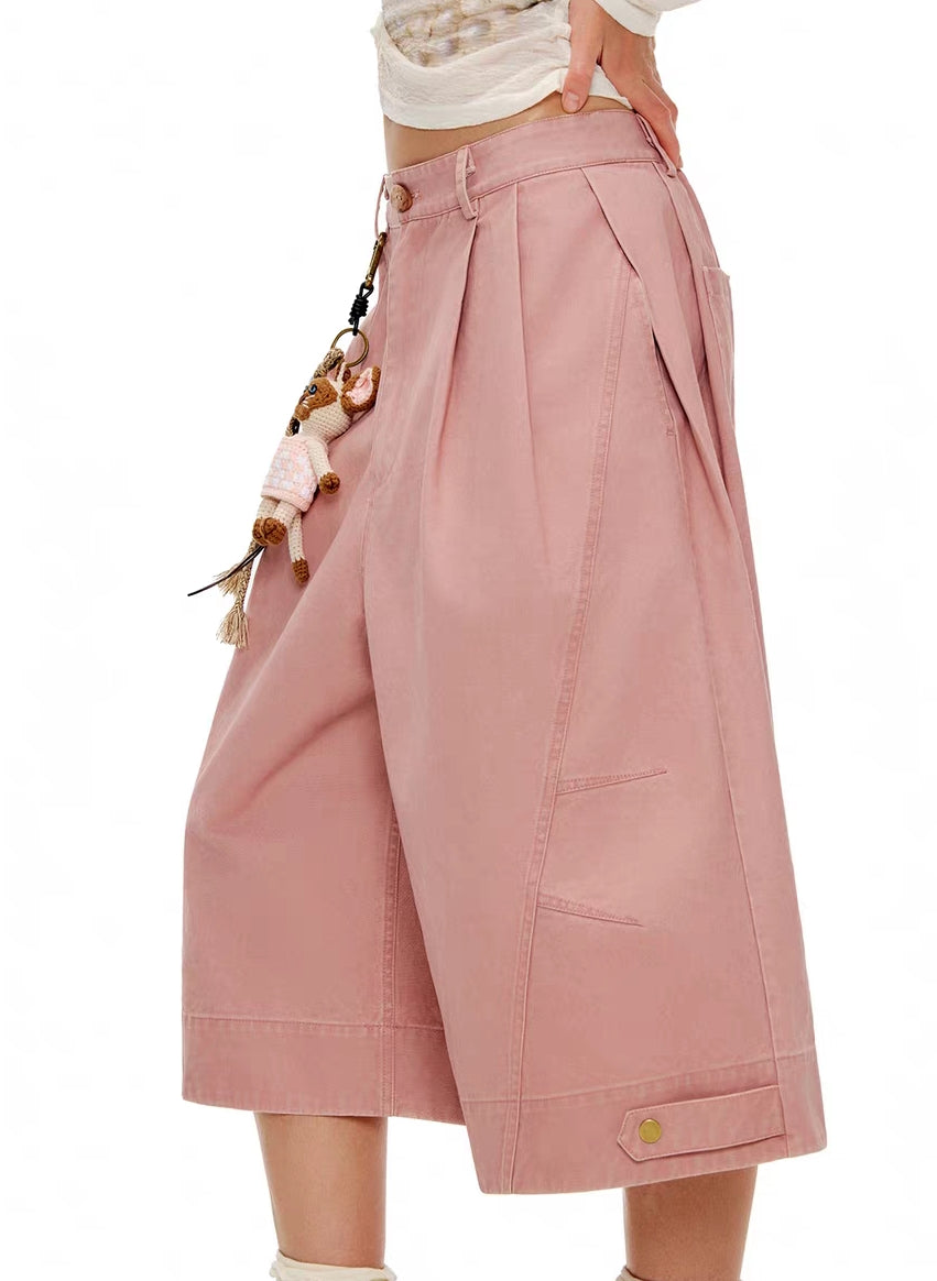 Dusty pink high-waist utility culottes shorts, full body side view