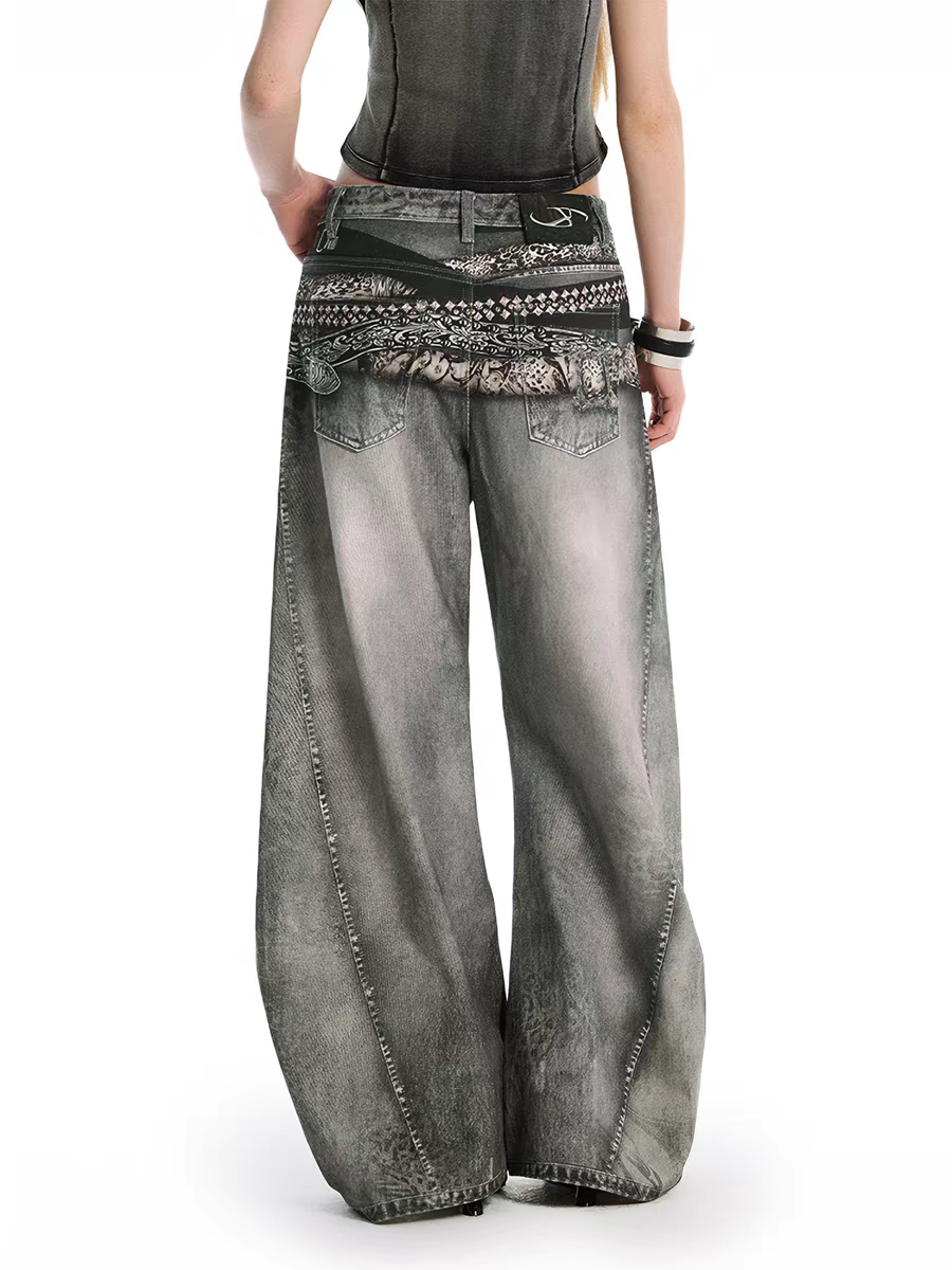 Back view of grey washed wide-leg jeans with bandana print waistband and rear pockets