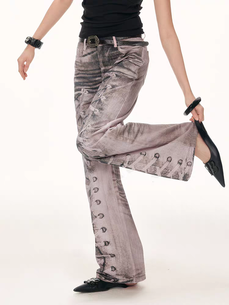 Y2K Lace-Up Print Washed Straight-Leg Pants