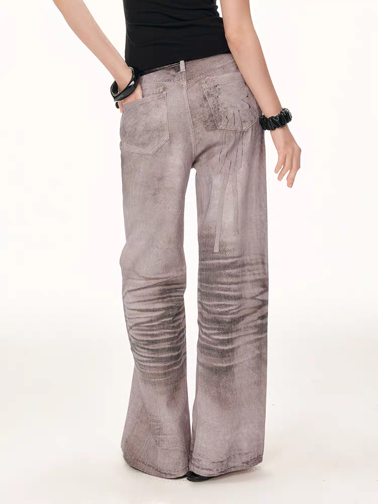 Y2K Lace-Up Print Washed Straight-Leg Pants