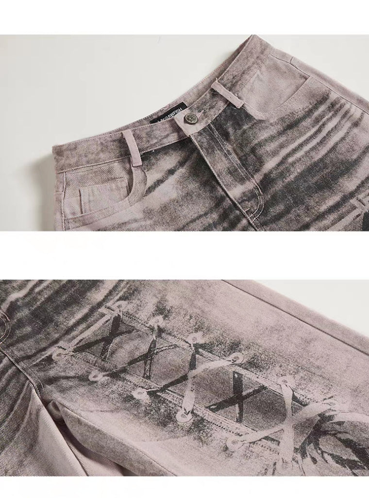 Y2K Lace-Up Print Washed Straight-Leg Pants