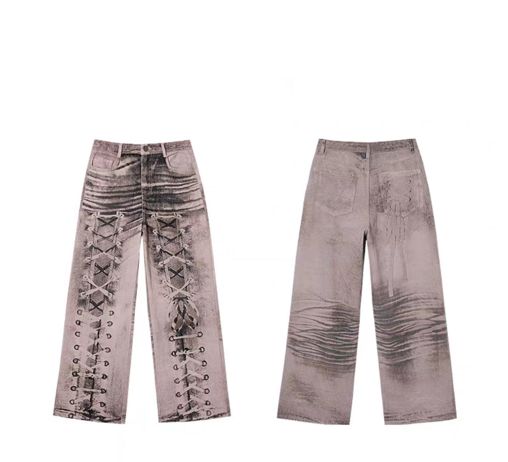 Y2K Lace-Up Print Washed Straight-Leg Pants