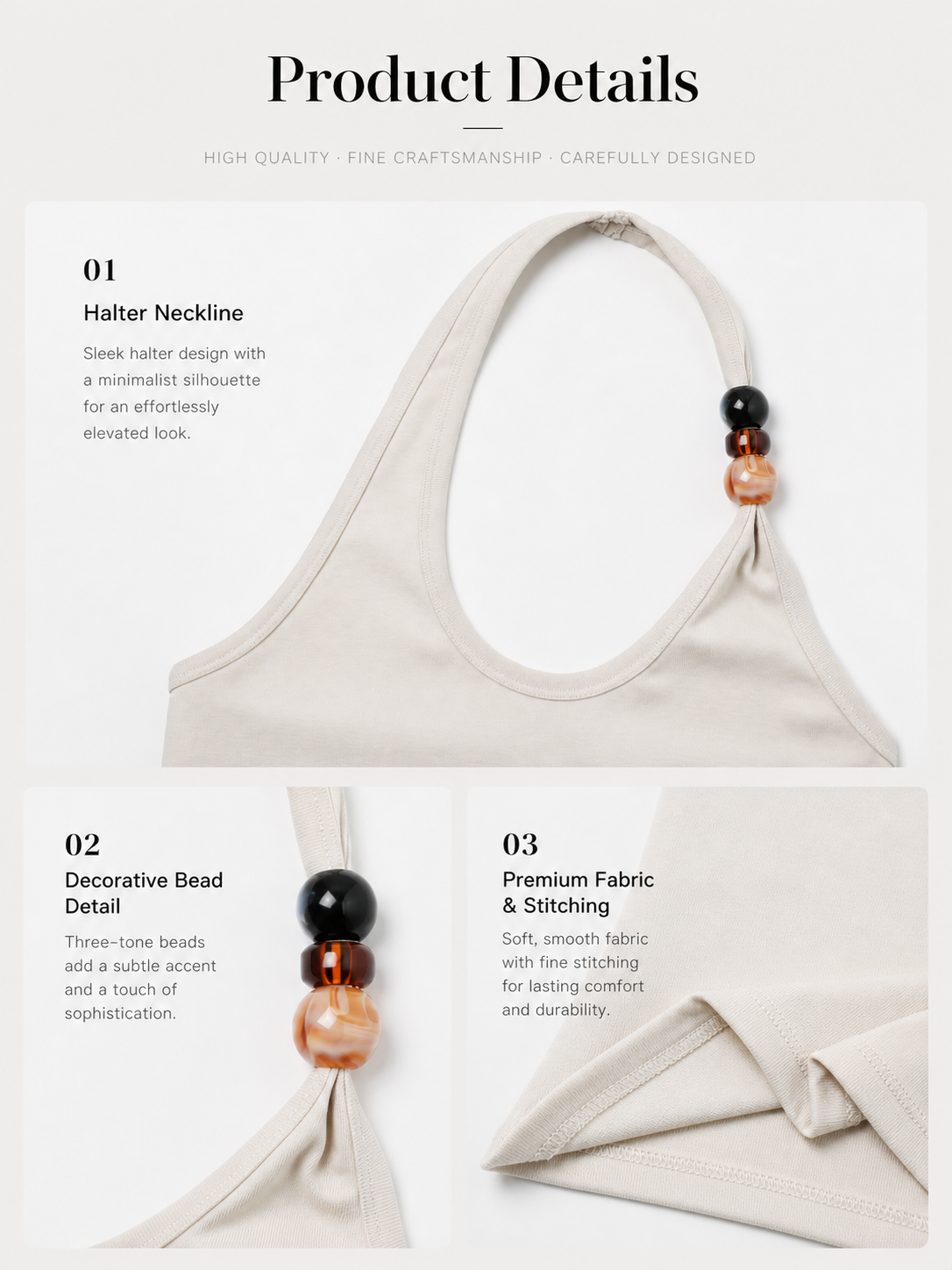 Product detail collage showing halter neckline, bead accent, fabric and stitching
